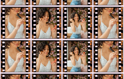 repeated image of woman applying blush