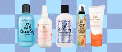 five bumble and bumble products on blue checkered background