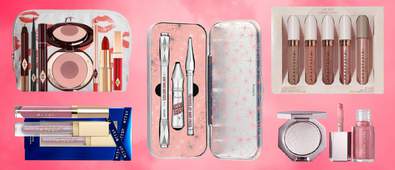 christmas beauty sets on pink background