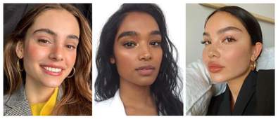 three women with bold eyebrows and natural makeup