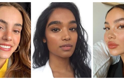 three women with bold eyebrows and natural makeup