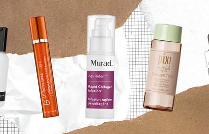 five skin care products on different paper background