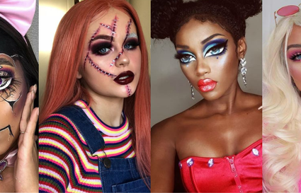 four images of various doll inspired halloween makeup looks