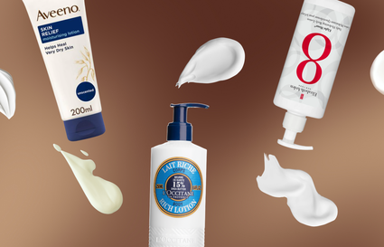 five different body lotion bottles against a brown gradient background