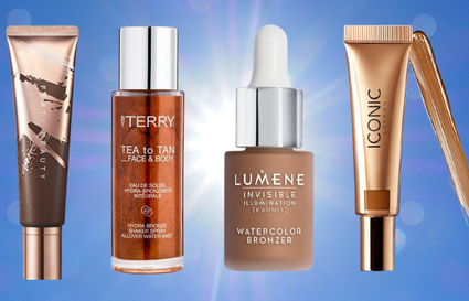 Liquid bronzers on blue background with sunshine
