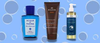 men's shower gel on blue background