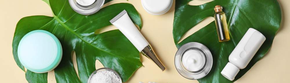 leaves next to beauty and skin care bottles