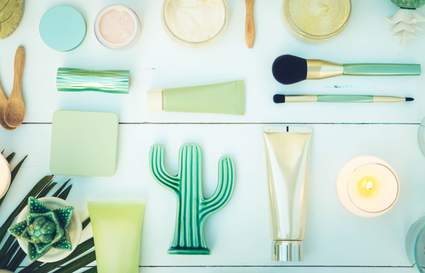 flat lay of skincare and makeup products