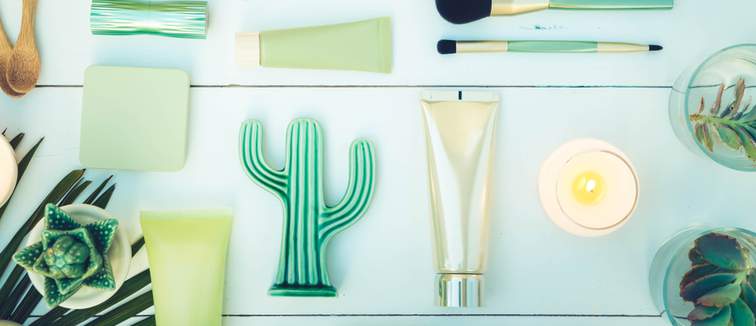 flat lay of skincare and makeup products