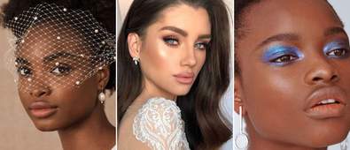 three photos of women with wedding hair and makeup