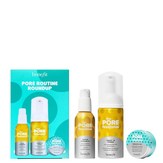 Benefit Pore Routine Roundup Pore Care Set Pore-Purifying Foaming Cleanser 45ml, Pore-Refining AHA+PHA Toning Foam 60ml + Smooth Sip Lightweight Smoothing Moisturiser For Pores 20ml