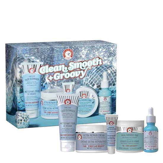 First Aid Beauty Clean, Smooth & Groovy Set Face Cleanser, AHA Pads, Nourishing Cream, Dark Spot Serum + Firming Collagen Cream