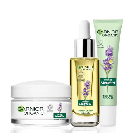 Garnier Organic Lavandin Set: Eye Cream, Glow Facial Oil & Anti-Age Day Care Cream
