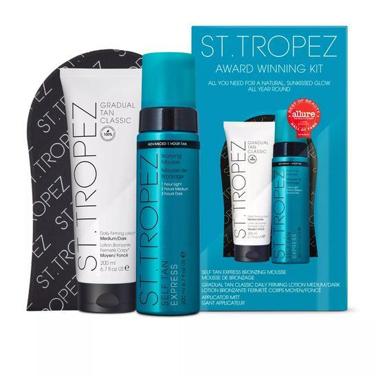 St Tropez Award Winning Kit Self Tan Express Bronzing Mousse (200ml) + Gradual Tan Classic Firming Lotion Medium/Dark (200ml) + Application Mitt