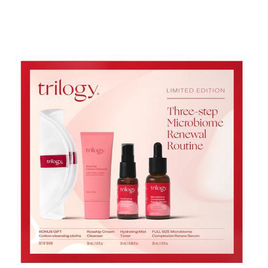 Trilogy Three Step Microbiome Renewal Routine Rosehip Cream Cleanser + Hydrating Mist Toner + Microbiome Complexion Renew Serum + Cotton Cleansing Cloths