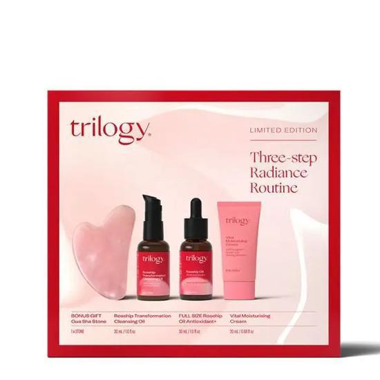 Trilogy Three Step Radiance Routine Rosehip Oil Antioxidant + Vital Moisturising Cream + Rosehip Transformation Cleansing Oil + Rose Quartz Gua Sha