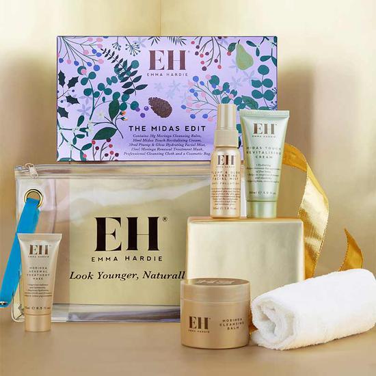 Emma Hardie The Midas Edit Gift Set Moringa Balm + Midas Touch Cream + Plump & Glow Facial Mist + Moringa Renewal Mask + Cleansing Cloth + Cosmetic Bag