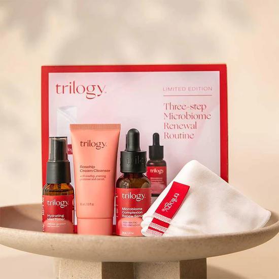 Trilogy Three Step Microbiome Renewal Routine Rosehip Cream Cleanser + Hydrating Mist Toner + Microbiome Complexion Renew Serum + Cotton Cleansing Cloths